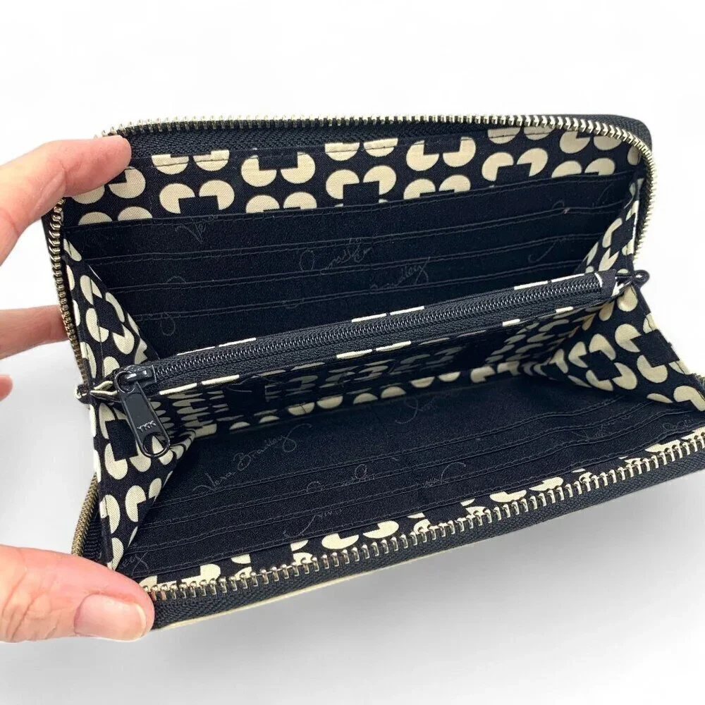 Vera Bradley Zip Around Accordion Style Leather Wallet Black w/Bl & Wh Leather